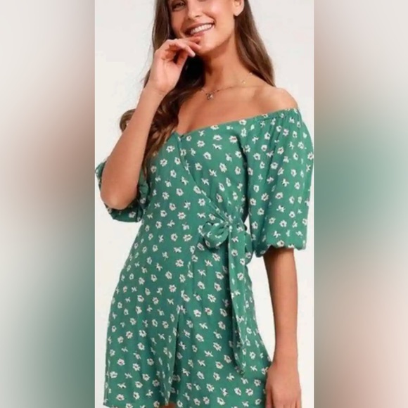 Billabong Best Dressed Green & White Floral Off the Shoulder Wrap Dress Size M - Picture 4 of 7